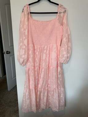 Floral Midi Dress Size XL Pink Smocked Long Sleeve